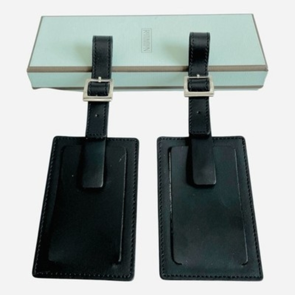 Set of 2 Restoration Hardware Black Leather Luggage Tags NIB Travel Accessory